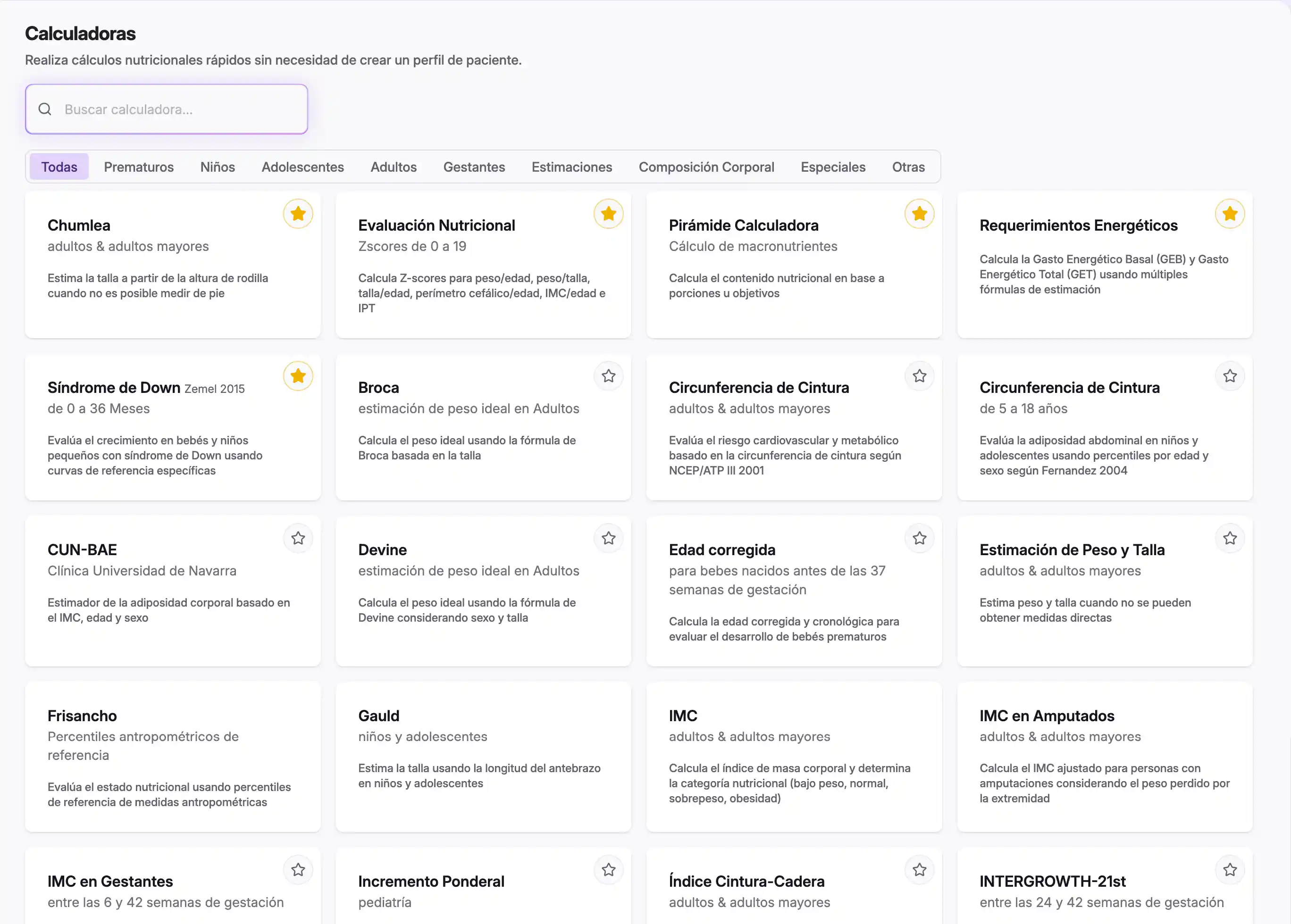 Calculadoras nutricionales profesionales en Nutriplo para cálculos rápidos sin perfil de paciente.